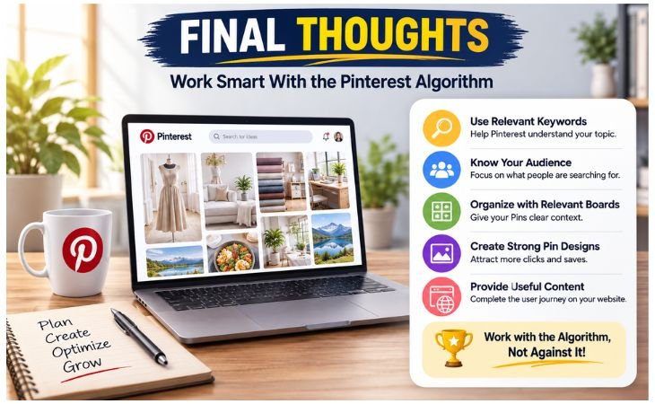 How Pinterest Search Algorithm Works infographic showing relevant keywords audience research Pinterest Boards strong Pin design and useful website content.