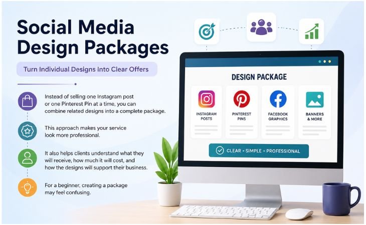 Social Media Design Packages showing how freelancers can combine Instagram posts, Pinterest Pins, social media graphics, and banners into one professional client offer.
