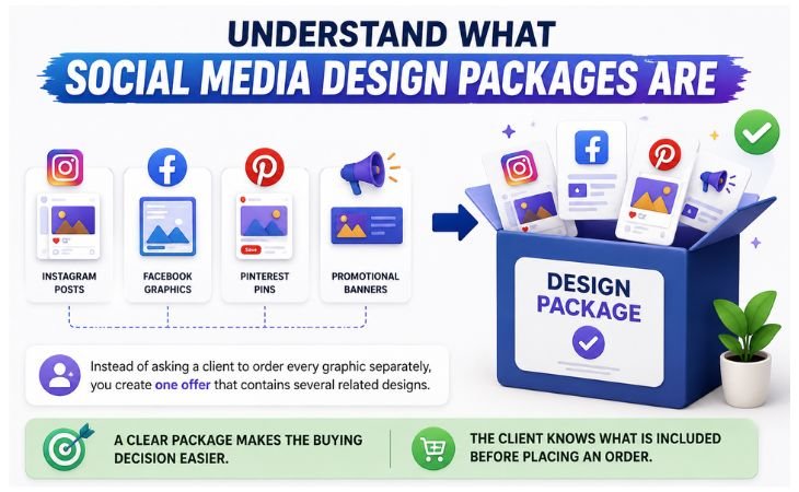 Social Media Design Packages showing Instagram posts, Facebook graphics, Pinterest Pins, and promotional banners combined into one clear client design package.
