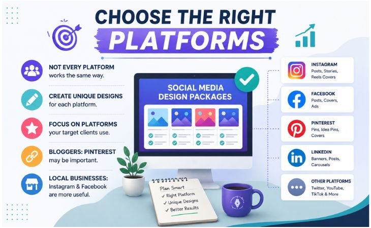 Social Media Design Packages showing how to choose the right platforms for Instagram, Facebook, Pinterest, LinkedIn, and other social media designs.
