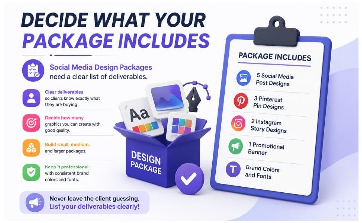 Social Media Design Packages showing a clear list of deliverables including social media posts, Pinterest Pins, Instagram Stories, promotional banners, brand colors, and fonts.
