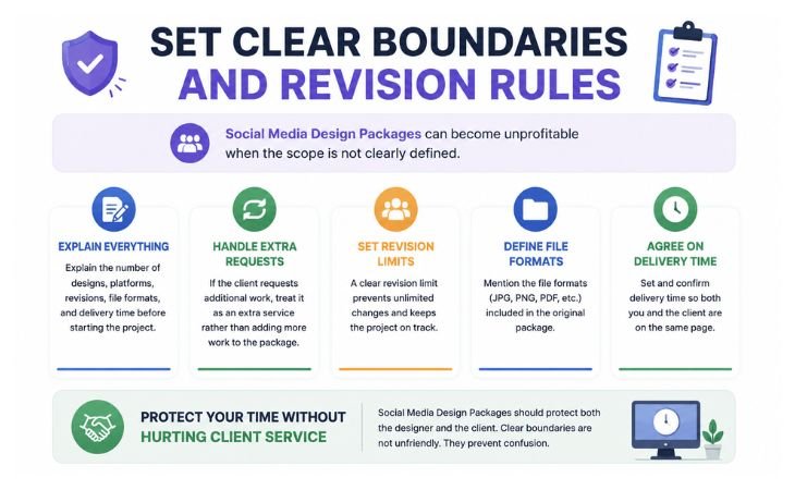 Social Media Design Packages showing clear boundaries for revisions, extra requests, file formats, project scope, and delivery time.

