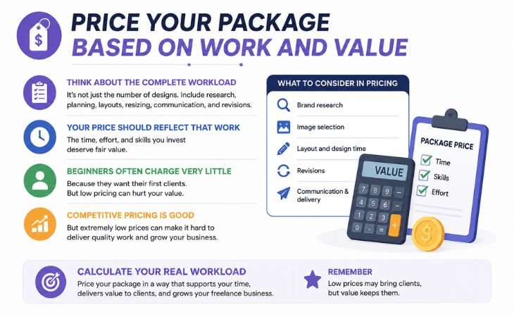 Social Media Design Packages showing how freelancers can set fair prices based on workload, design time, research, revisions, communication, and value.
