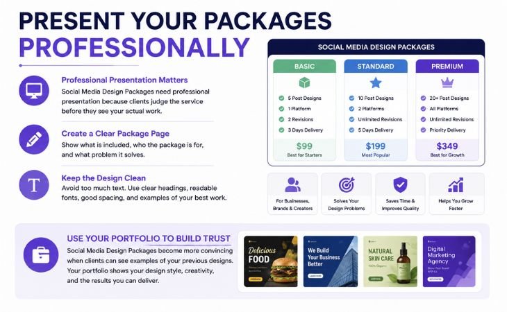 Social Media Design Packages showing professional Basic, Standard, and Premium service options with clear benefits and portfolio examples.
