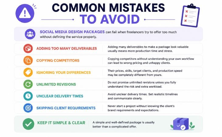 Social Media Design Packages common mistakes infographic showing too many deliverables, copying competitors, unlimited revisions, unclear delivery times, and missing client requirements.
