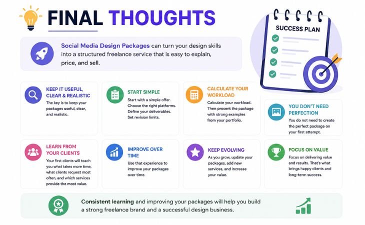 Social Media Design Packages final tips infographic showing a simple success plan, clear deliverables, workload planning, client learning, and package improvement.
