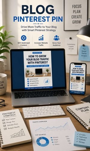 Blog Pinterest Pin portfolio mockup displayed on a laptop and smartphone, featuring a modern SEO-friendly Pinterest pin design for blog promotion, organic website traffic, and professional Pinterest marketing services.