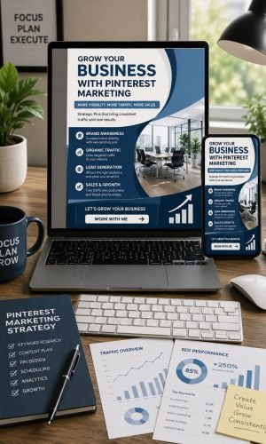 Business Pinterest Pin Design displayed on a laptop and smartphone with a modern workspace, marketing analytics, and professional branding elements.