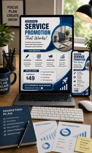Service Promotion Pin Design displayed on a laptop and smartphone with a modern workspace, promotional service layout, pricing section, marketing strategy, and lead generation visuals.