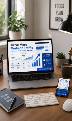 Website Traffic Pin displayed on a modern laptop and smartphone in a premium freelancer workspace, featuring SEO analytics, organic traffic growth, website performance metrics, and a clean blue-and-white design for digital marketing inspiration.