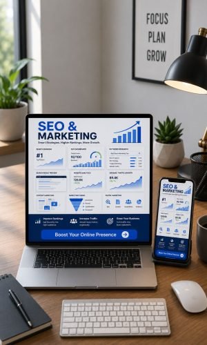 SEO & Marketing Pinterest Pin displayed on a realistic laptop and smartphone in a premium modern freelancer workspace, featuring SEO analytics, keyword research, website performance dashboard, organic traffic growth charts, and a clean blue-and-white professional design.