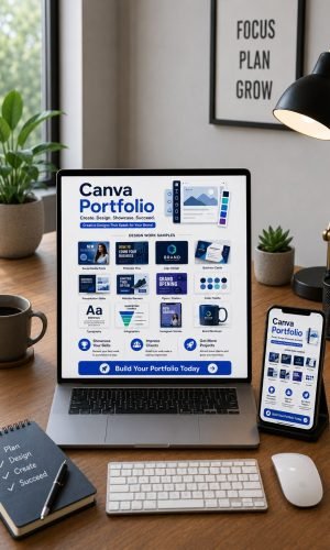 Canva Portfolio displayed on a realistic laptop and smartphone in a premium modern freelancer workspace. The design showcases portfolio samples, social media graphics, Pinterest Pins, logo designs, presentation slides, typography, and branding elements in a clean blue-and-white layout.